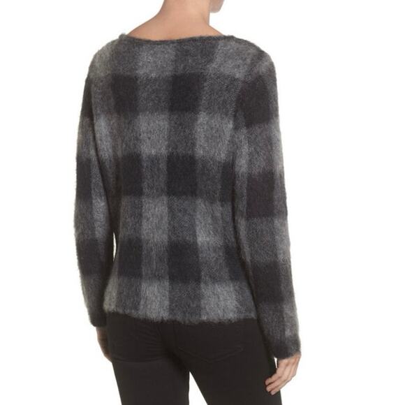 Eileen Fisher Mohair Alpaca Blend Check Plaid Sweater Black Gray Size Medium - Picture 2 of 10
